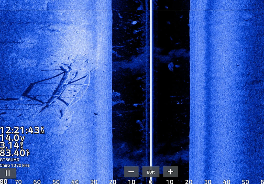 Side imaging screenshot of an underwater bridge. 