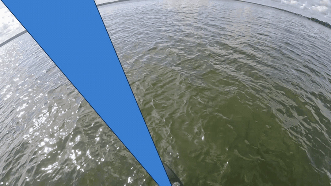 Forward-facing sonar course graphic showing the beam sweeping across the water